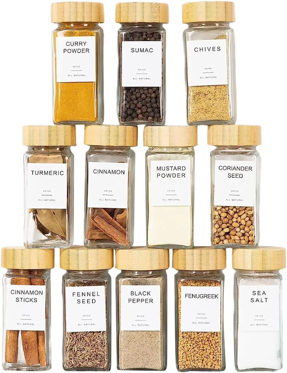 24 Pots à épices en verre - Noha avec 25 Étiquettes et Organiseurs.
