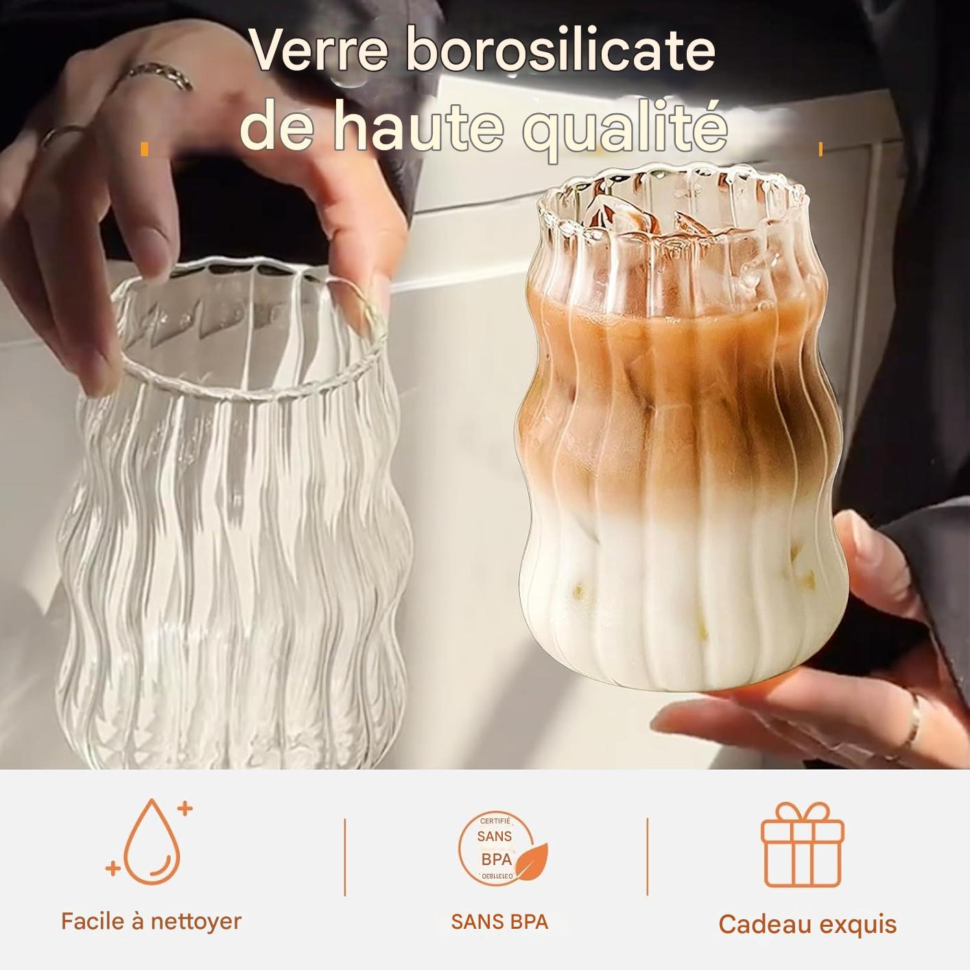 Lot de verres à boire avec couvercles en bambou et pailles en verre - en forme de vague