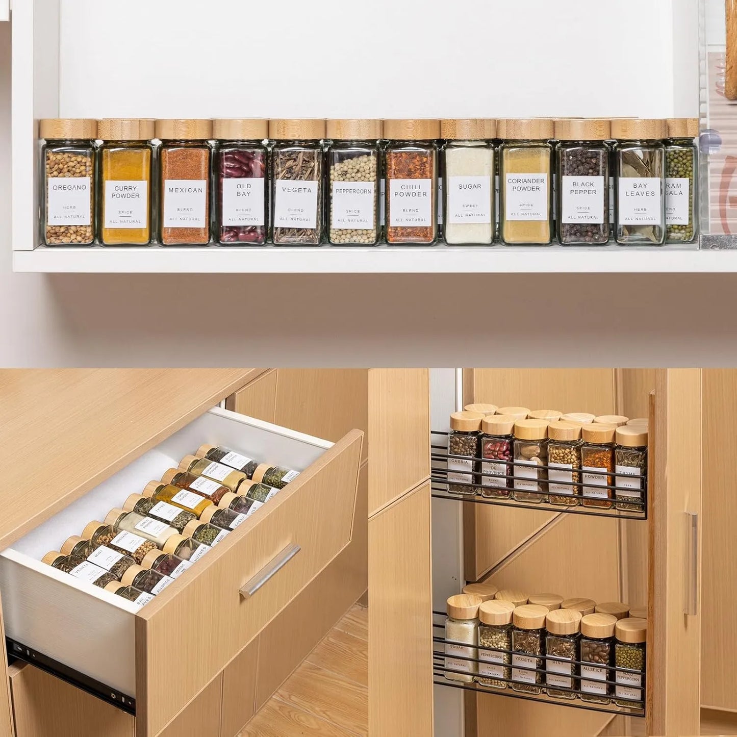 24 Pots à épices en verre - Noha avec 25 Étiquettes + Autres Accessoires