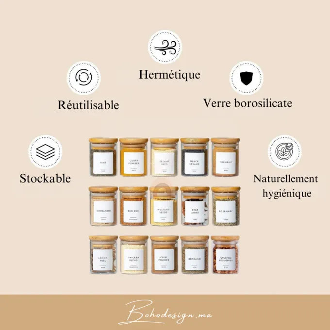 Lot de pots à épices en verre - Mouna avec 25 étiquettes