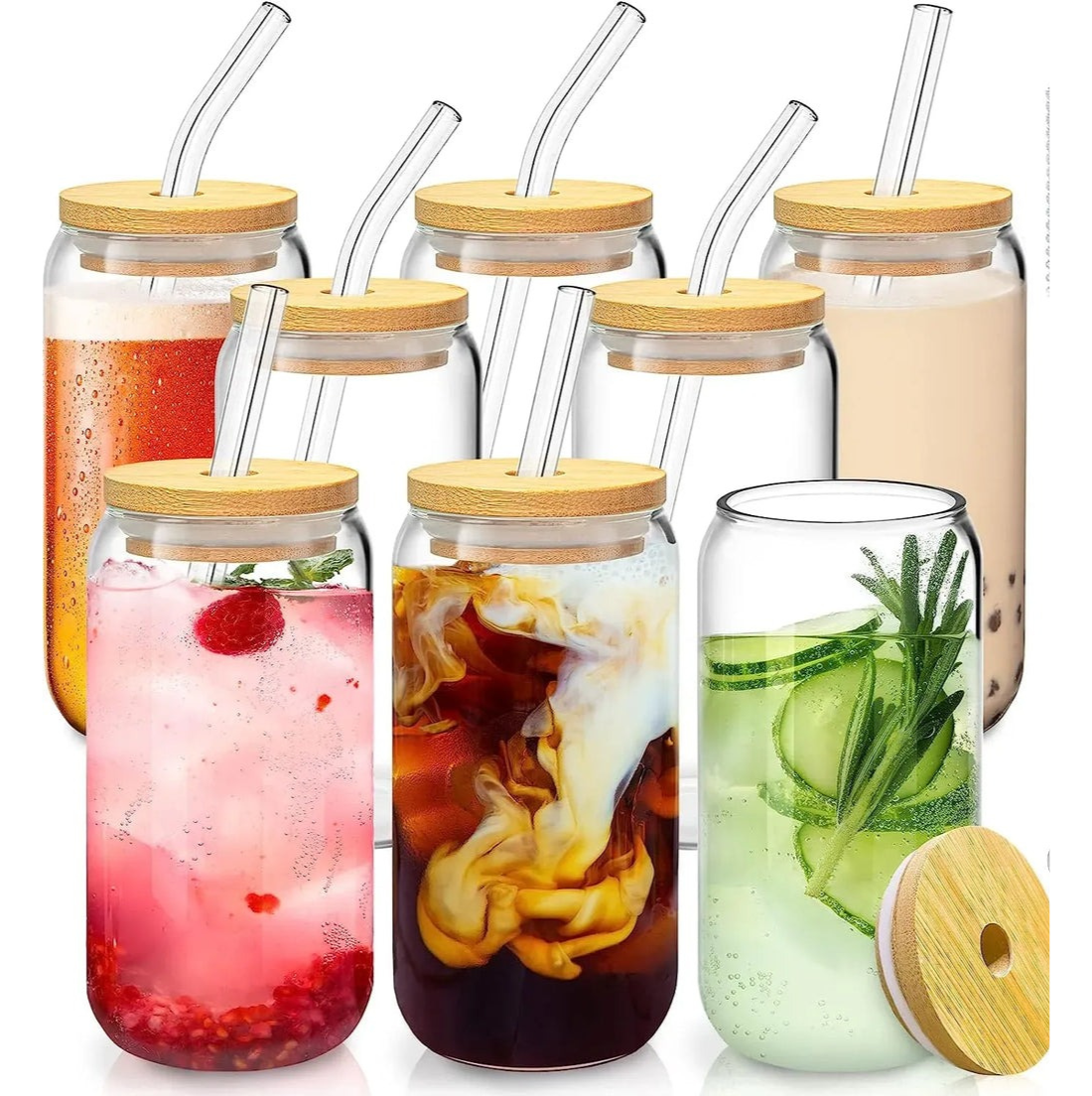 Lot de Verres à boire avec couvercle en bambou et pailles en verre - 500 ml - En forme de canette