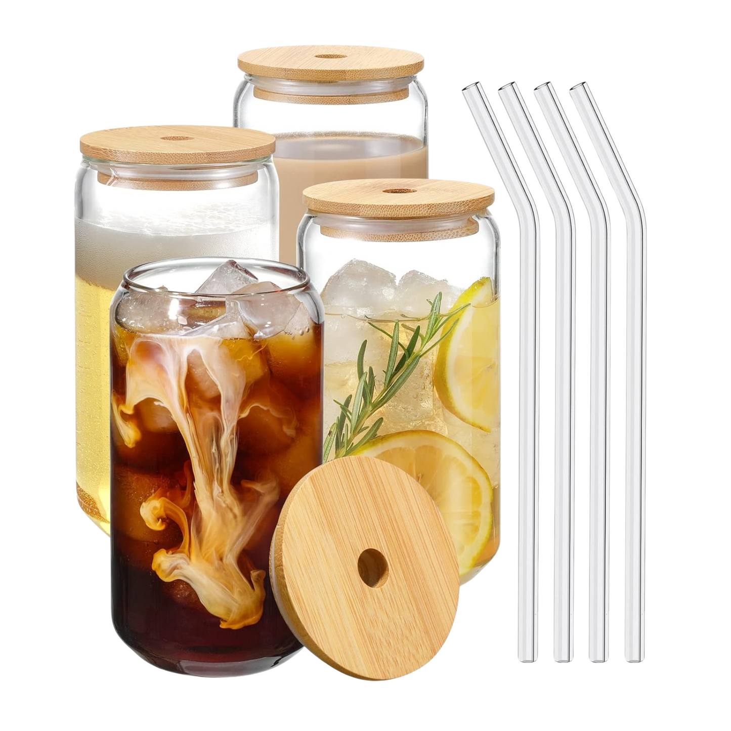 Lot de Verres à boire avec couvercle en bambou et pailles en verre - 500 ml - En forme de canette