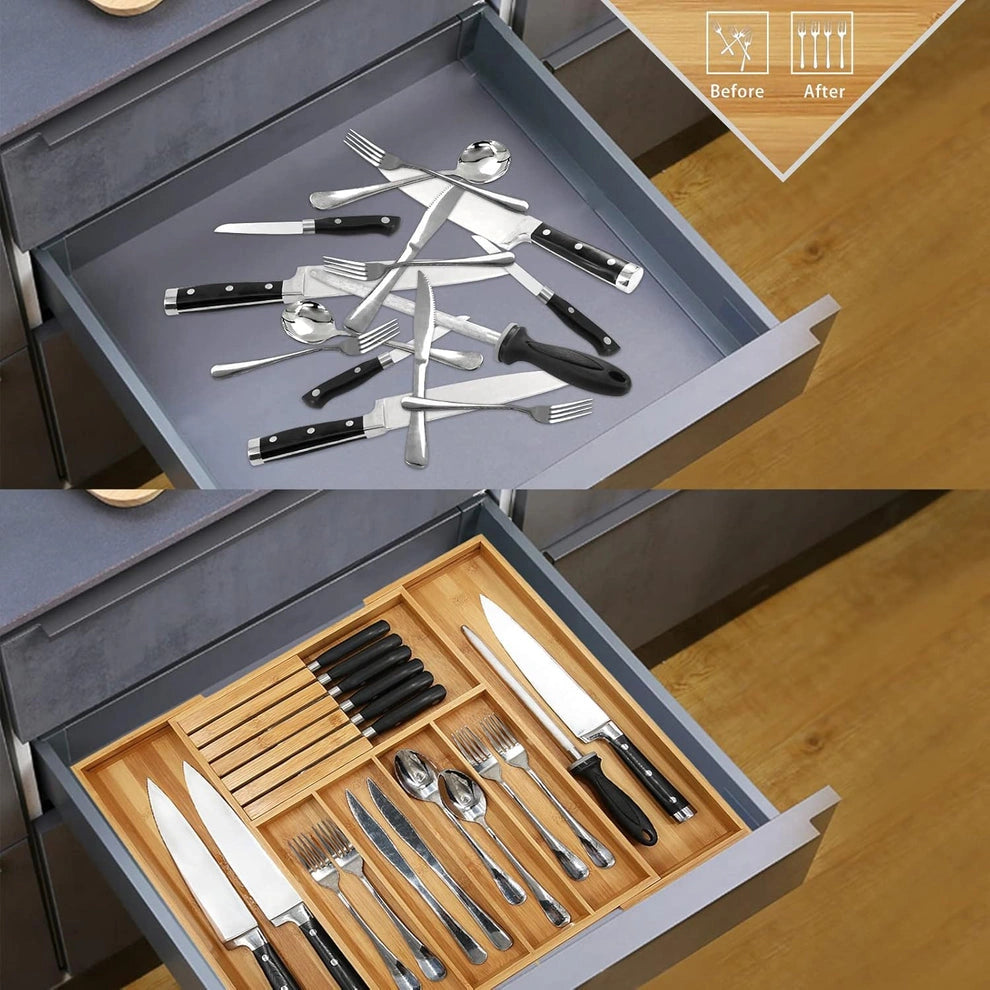 Range-couverts extensible en bambou avec compartiment amovible pour couteaux - Joud