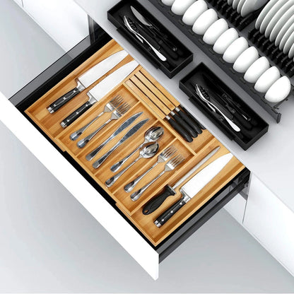 Range-couverts extensible en bambou avec compartiment amovible pour couteaux - Joud