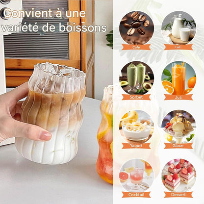 Lot de verres à boire avec couvercles en bambou et pailles en verre - en forme de vague