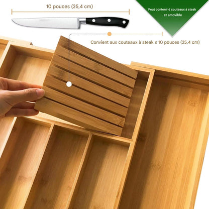 Range-couverts extensible en bambou avec compartiment amovible pour couteaux - Joud