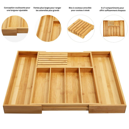 Range-couverts extensible en bambou avec compartiment amovible pour couteaux - Joud