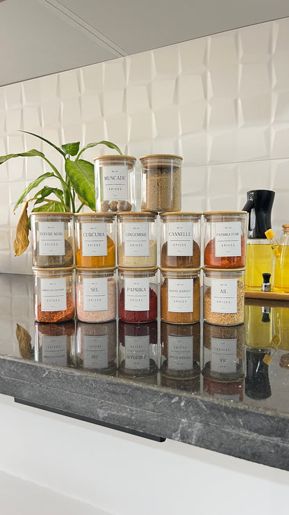 Lot de pots à épices en verre - Mouna (200 ml) avec 25 étiquettes