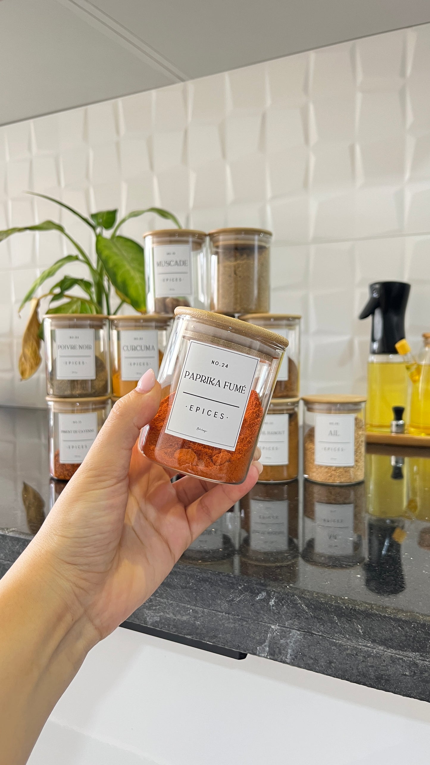 Lot de pots à épices en verre - Mouna (200 ml) avec 25 étiquettes