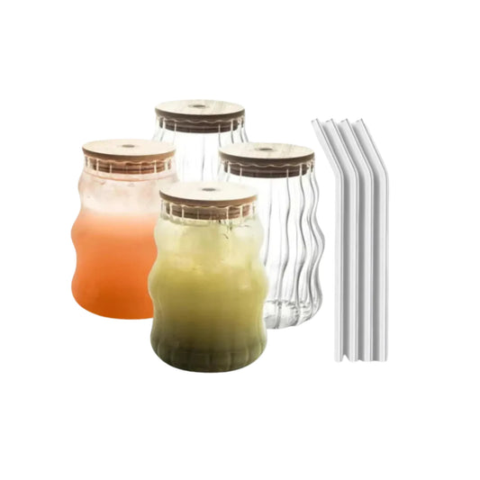 Lot de verres à boire avec couvercles en bambou et pailles en verre - en forme de vague
