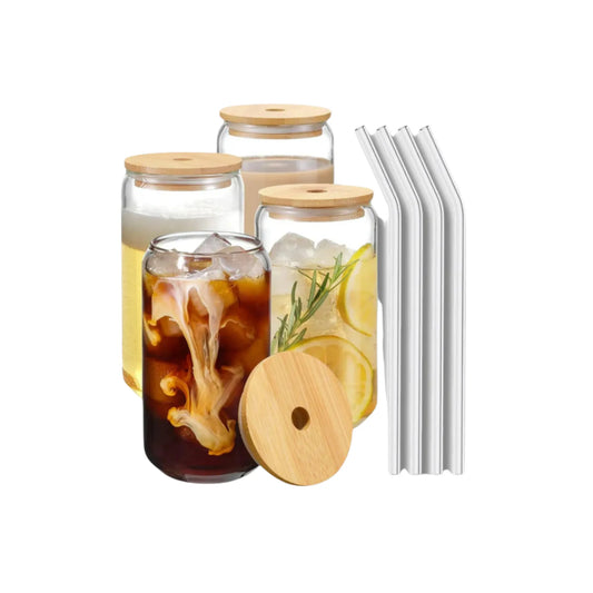 Lot de Verres à boire avec couvercle en bambou et pailles en verre - 500 ml - En forme de canette