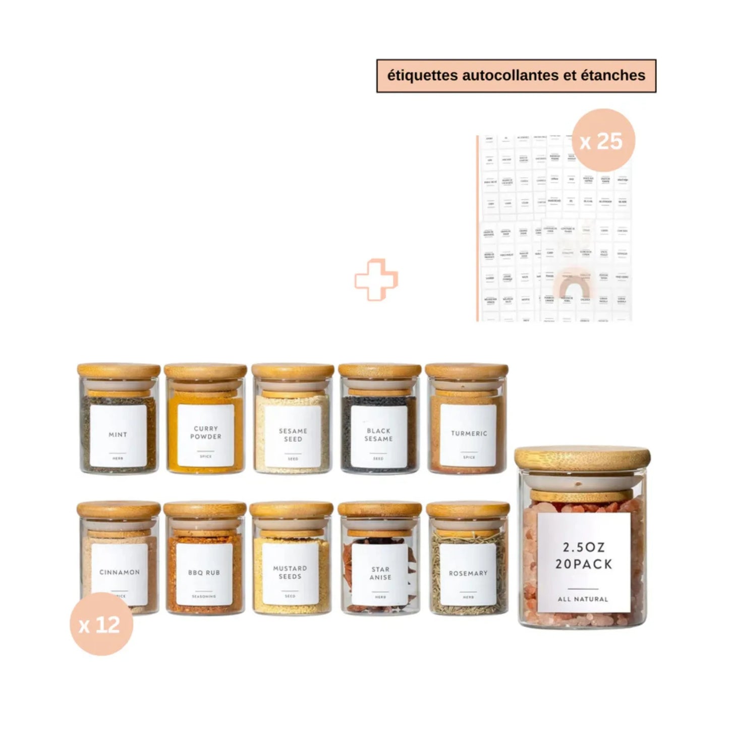 Lot de pots à épices en verre - Mouna (200 ml) avec 25 étiquettes