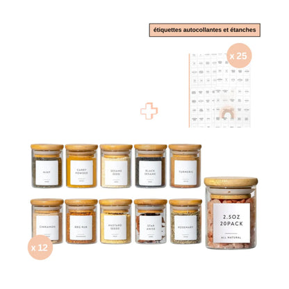 Lot de pots à épices en verre - Mouna (200 ml) avec 25 étiquettes