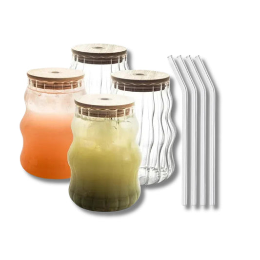 Lot de verres à boire avec couvercles en bambou et pailles en verre - en forme de vague