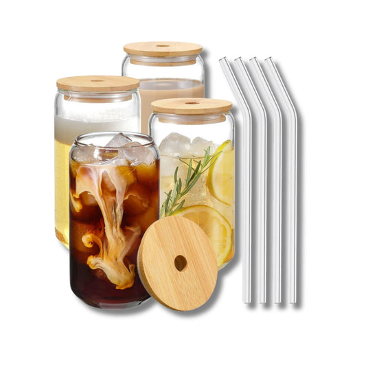 Lot de Verres à boire avec couvercle en bambou et pailles en verre - 500 ml - En forme de canette