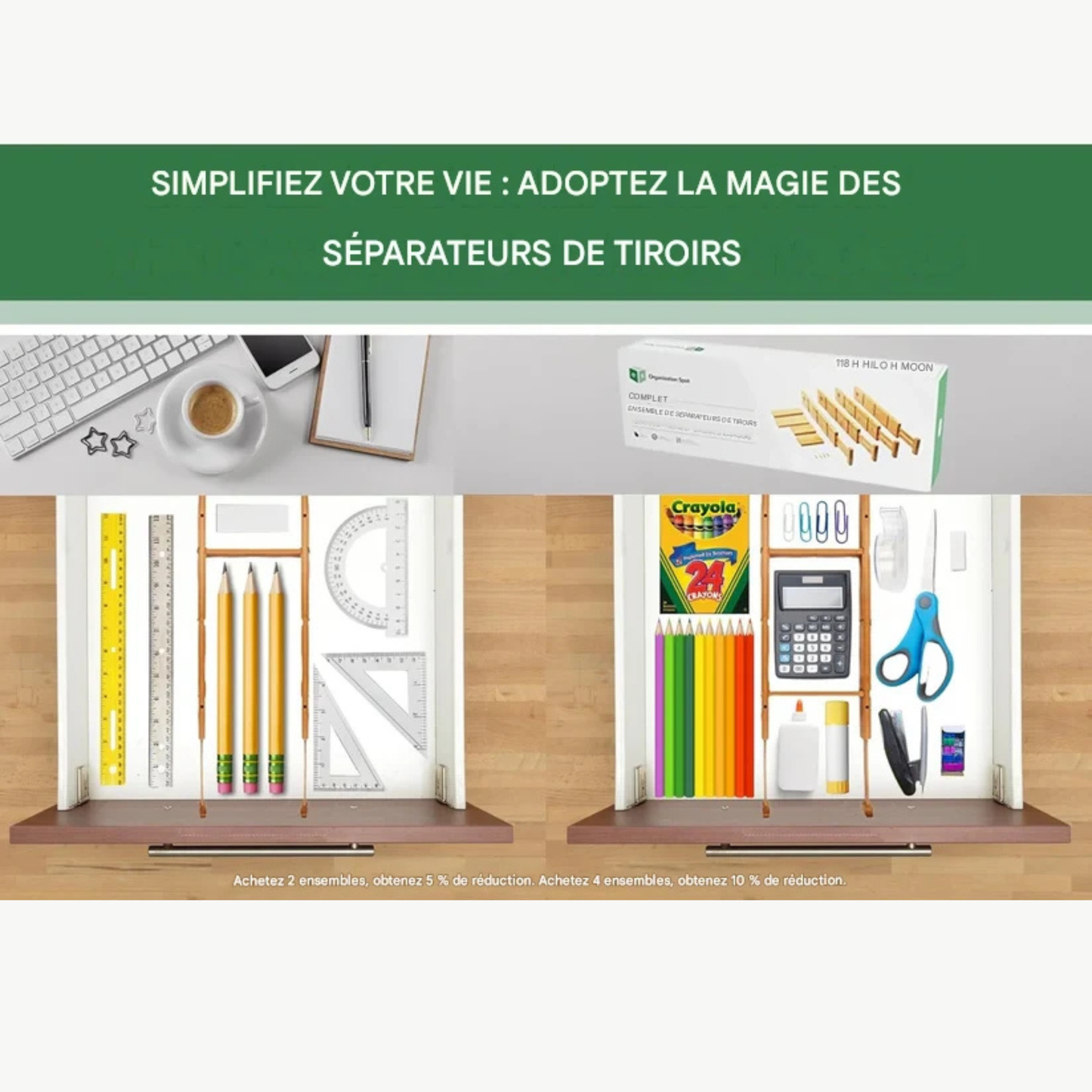 Lot de 4 séparateurs extensibles en bambou - Farah