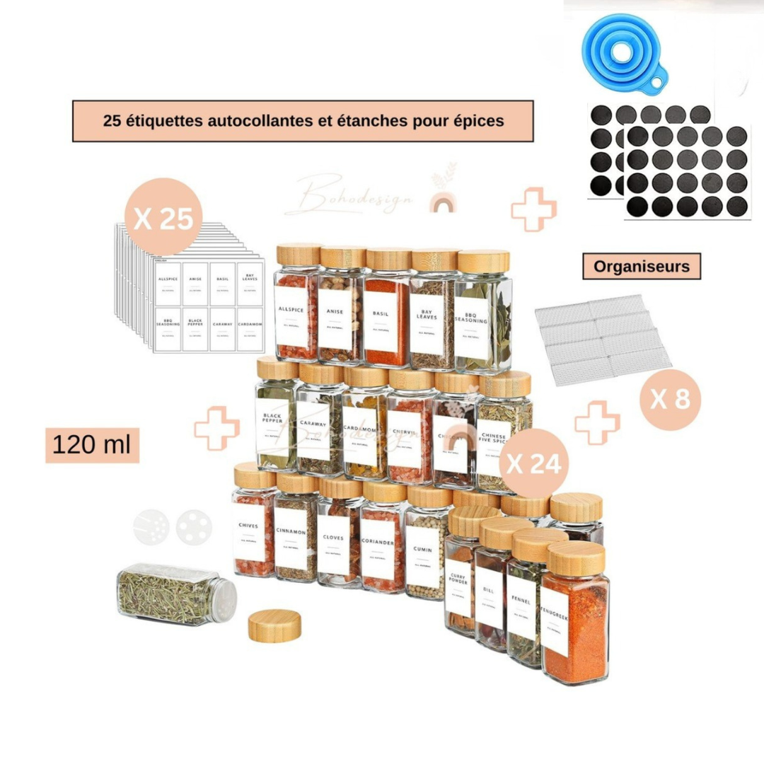24 Pots à épices en verre - Noha avec 25 Étiquettes + Autres Accessoires