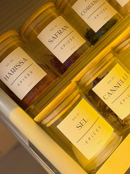Lot de pots à épices en verre - Mouna (200 ml) avec 25 étiquettes