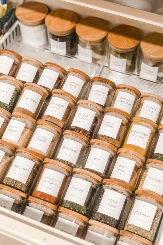 Lot de pots à épices en verre - Mouna (200 ml) avec 25 étiquettes
