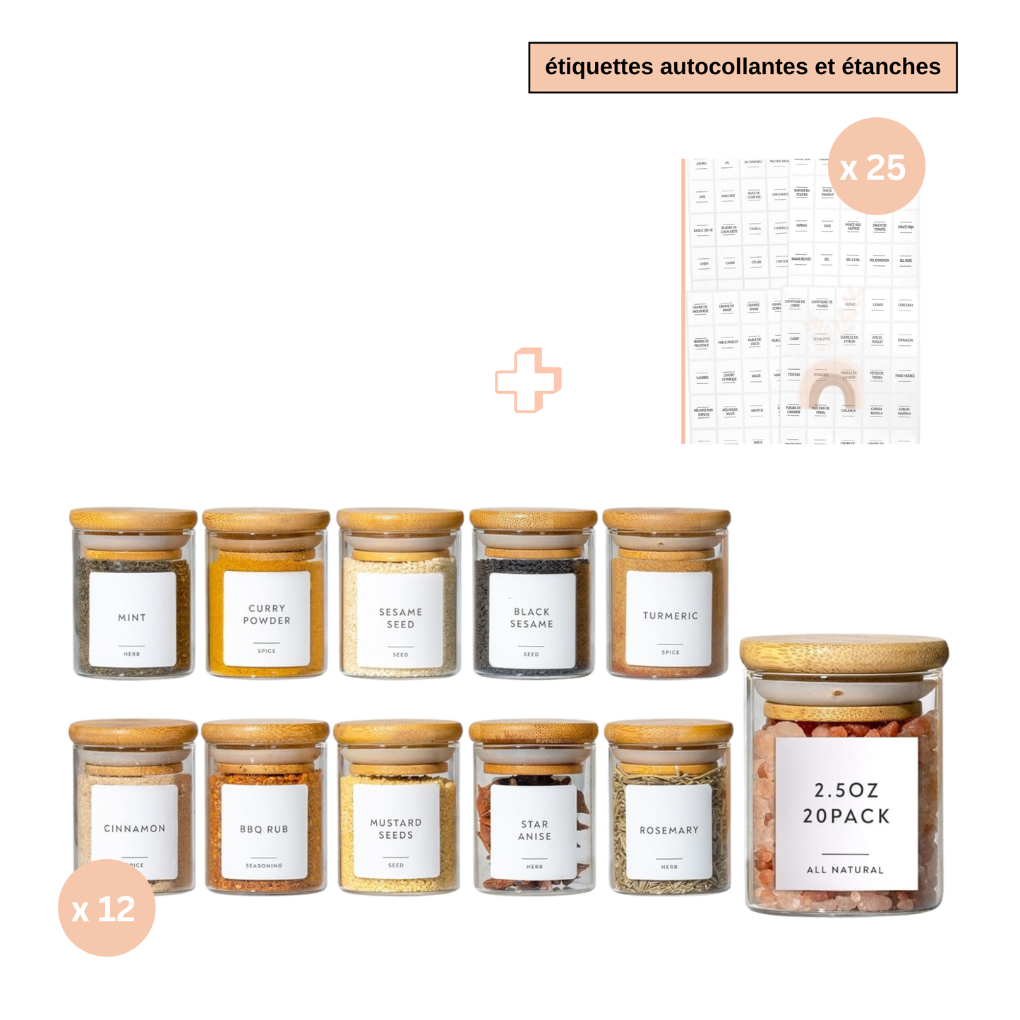 Lot de pots à épices en verre - Mouna (200 ml) avec 25 étiquettes