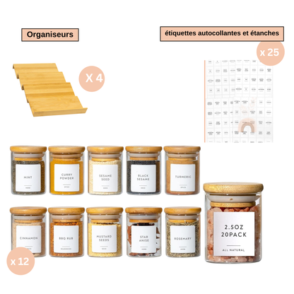 Lot de pots à épices en verre - Mouna (200 ml) avec 25 étiquettes