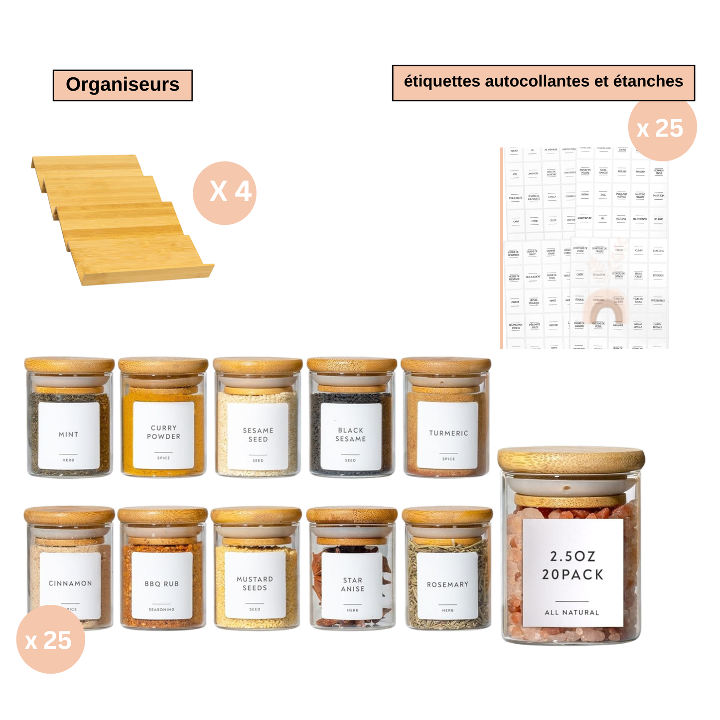 Lot de pots à épices en verre - Mouna (200 ml) avec 25 étiquettes