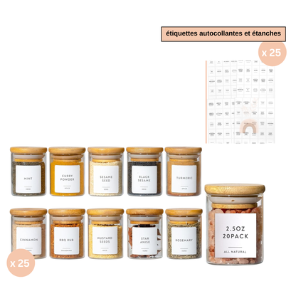 Lot de pots à épices en verre - Mouna (200 ml) avec 25 étiquettes