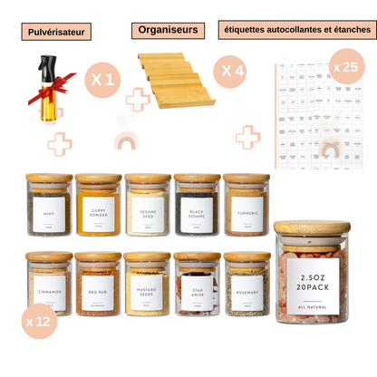 Lot de pots à épices en verre - Mouna avec 25 étiquettes